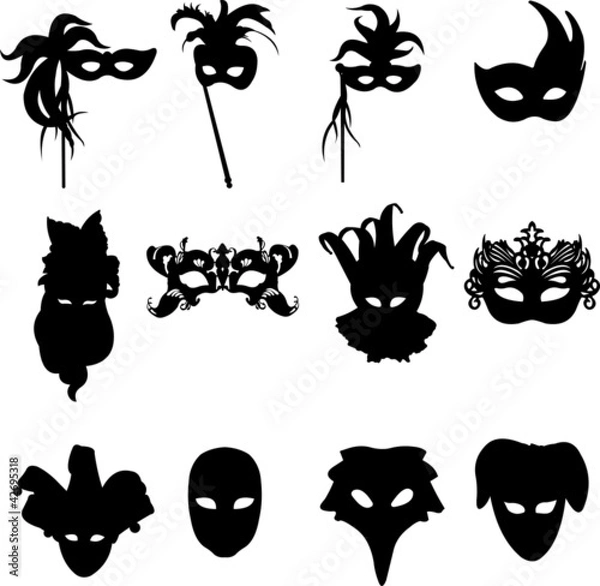 Fototapeta Collection of carnival Venetian masks background silhouette