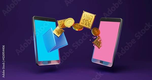 Fototapeta 3D render illustration of golden coins, and NFT, Crypto currency coins, into wallet on smartphone, online payment, transaction concept