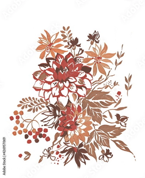 Fototapeta Floral composition with dahlias and rowan berries - Hand drawn autumn bouquet isolated on white background
