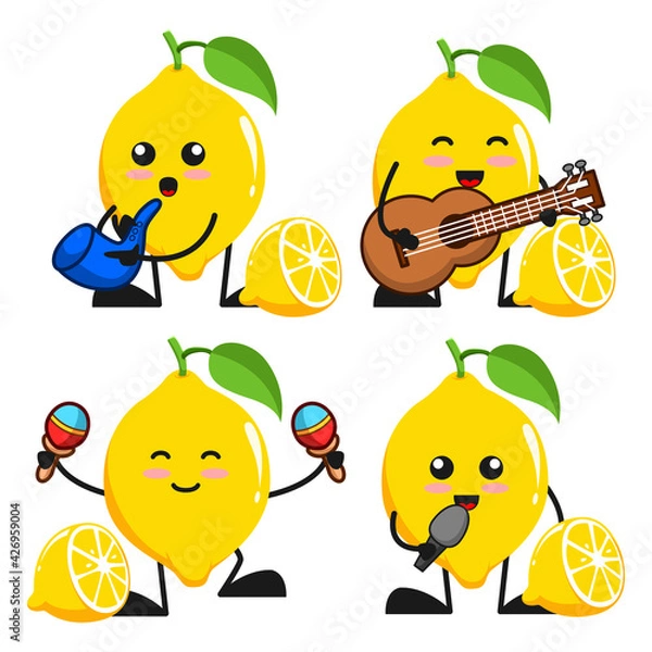 Fototapeta vector illustration of cute lemon fruit playing music theme bundle set. cute lemon fruit Concept White Isolated. Flat Cartoon Style Suitable for Landing Page, Banner, flyer, Sticker.