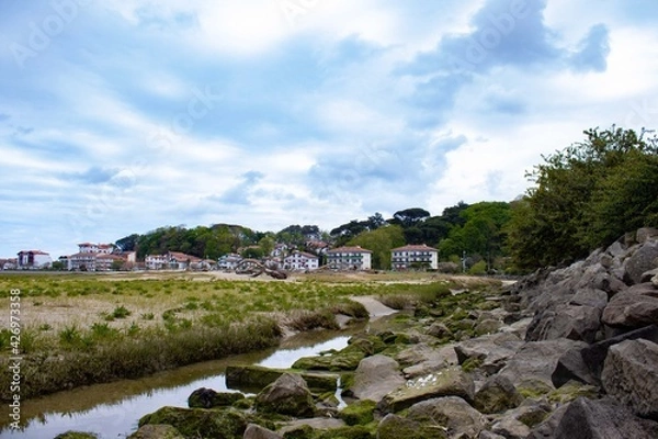 Fototapeta Houses from the marshes in cloudy sky