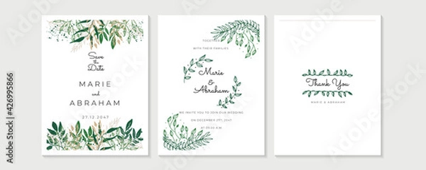 Fototapeta Wedding Invitation, menu, rsvp, label, table number, envelope. Floral design green watercolor fern leaves, foliage greenery decorative frame print. Vector elegant cute rustic greeting, invite postcard