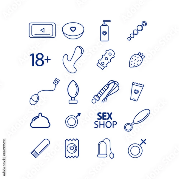 Obraz linear icons of sex toys, vibrator, condom, butt plug, vector on a white background