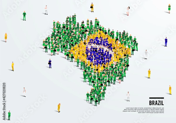 Fototapeta Brazil Map and Flag. A large group of people in Brazilian flag color form to create the map. Vector Illustration.