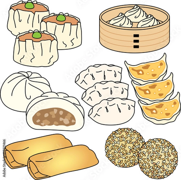 Obraz いろいろな点心や飲茶のイラスト