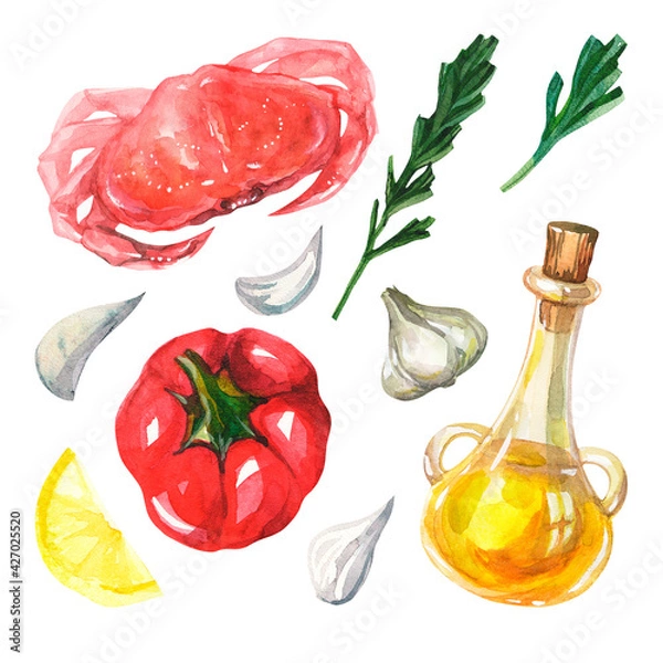 Fototapeta Watercolor set with Mediterranean cuisine on a white background. Crab, rosemary, garlic, red bell pepper, olive oil and lemon wedge. Isolated vegetables. Healthy food. Handmade watercolor.