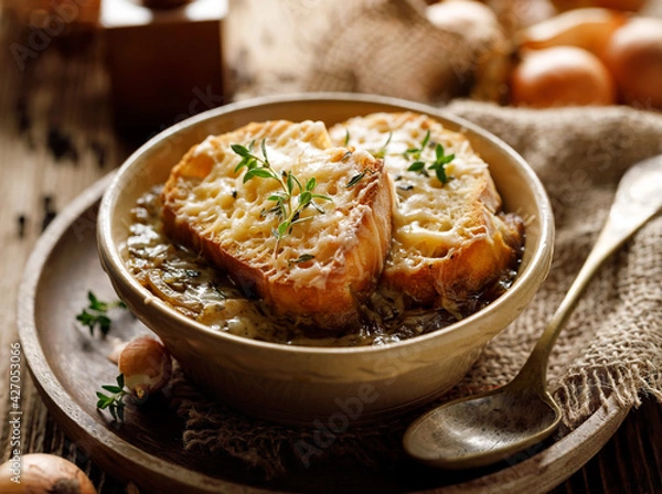 Obraz Classic French onion soup baked with cheese croutons sprinkled with fresh thyme, close up view.