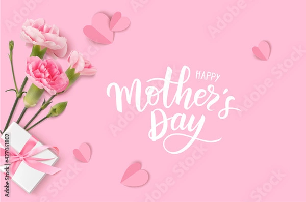 Obraz Happy Mothers day. Calligraphic greeting text. Holiday design template with realistic pink carnation flowers, gift box and paper hearts on pink background. Vector stock illustration.