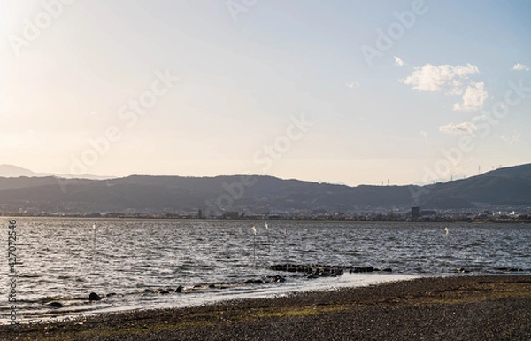 Fototapeta 諏訪湖の夕方　上諏訪から岡谷方面