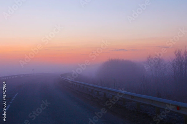 Fototapeta A bright dawn in pastel colors and with heavy fog greets us on a country road.