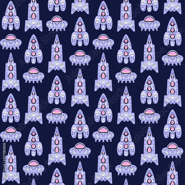Fototapeta Seamless pattern with rockets in space. Lilac rockets with flowers, folkart. Suitable for children's textiles, wallpaper, gift wrapping, postcards. 