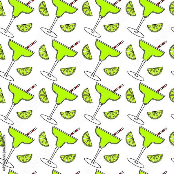 Fototapeta Vector seamless pattern of glasses with green cocktail margarita and lime wedges. Background elements can be used individually.