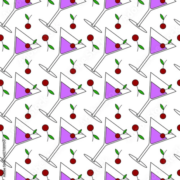 Fototapeta Vector seamless pattern of glasses with pink cocktail martini and cherries. Background elements can be used individually.