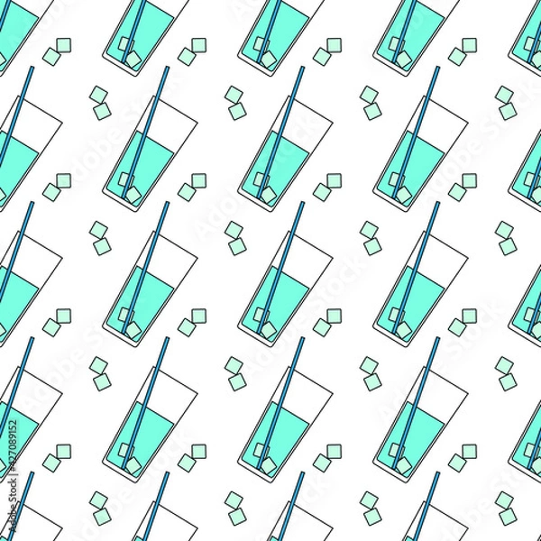 Fototapeta Vector seamless pattern of glasses of blue water and ice cubes. Background elements can be used individually.