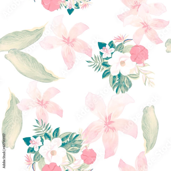 Obraz Green Seamless Botanical. Coral Pattern Palm. Gray Tropical Textile. White Flower Plant. Pink Wallpaper Plant. Yellow Garden Botanical. Spring Design.