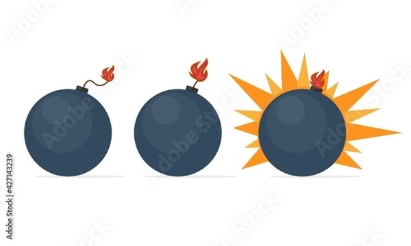 Fototapeta A black round bomb with a fuse in several states, explosives in action. Vector illustration in flat style