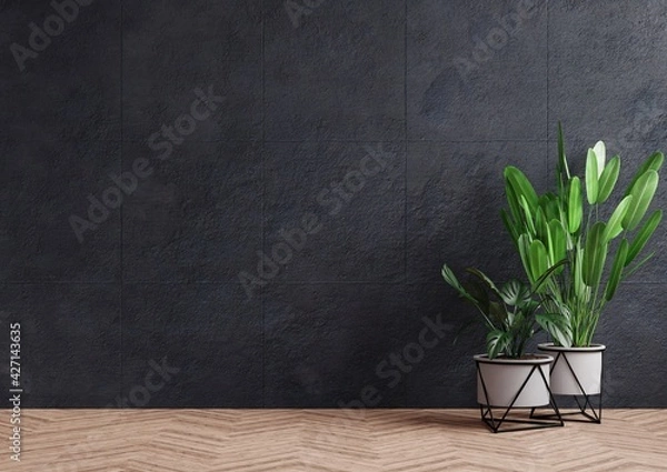 Obraz Empty room concrete wall with beautiful plants placed on the floor to the side.3d rendering.