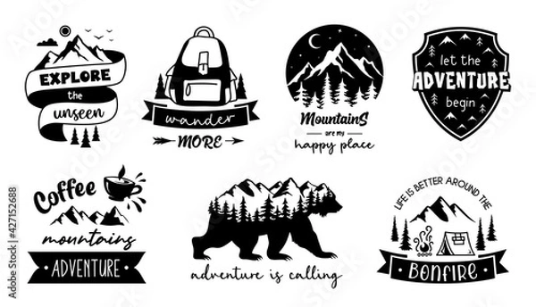 Obraz Adventure emblems, signs and labels. Set of travel, camping and adventure vector designs with quote. Wanderlust symbols, badge.