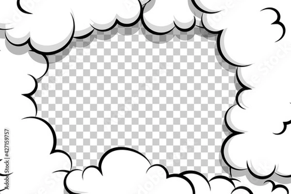 Fototapeta Komiksowy kreskówka bańka mowa do tekstu. Szablon Cartoon Puff Cloud na przezroczystym tle tekstu. Pop Art Dialog rozmowa Funny Smoke Steam. Symbol eksplozji komiksów.