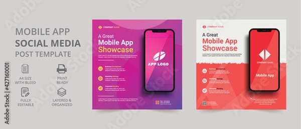 Obraz Mobile app promotion social media post banner template design. social media post template. poster, flyer, brochure, leaflet, banner.