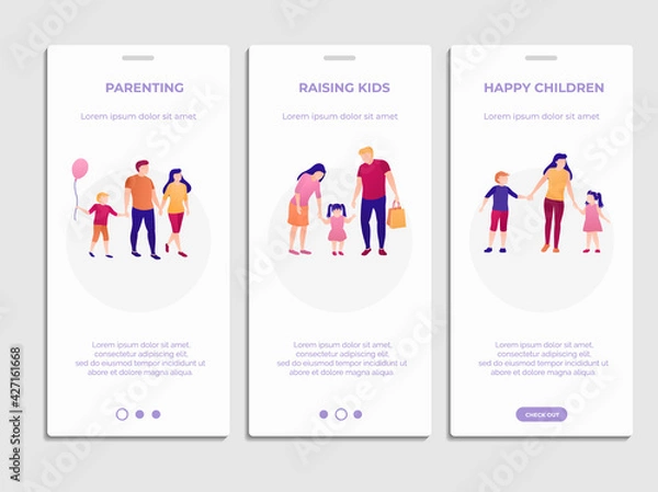 Fototapeta Parenting happy kids onboard screen templates set.
