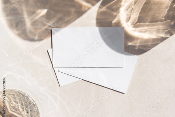 Fototapeta Still life scene with glasses on beige background in sunlight and blank business, greeting card, invitation mockup.
