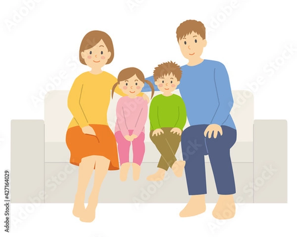 Fototapeta 家族４人でソファーに座る、団らん