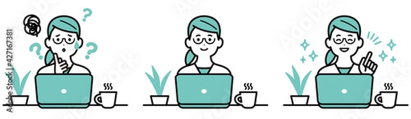 Obraz 私服でパソコンで作業をしているビジネスパーソンのイラスト　女性　表情のセット