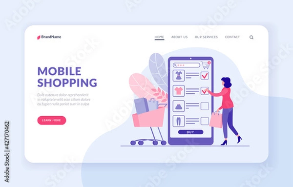 Fototapeta Mobile shopping landing page website banner template. Woman buys clothes in mobile web application vector flat illustration. Female character sends items she likes to online shopping cart