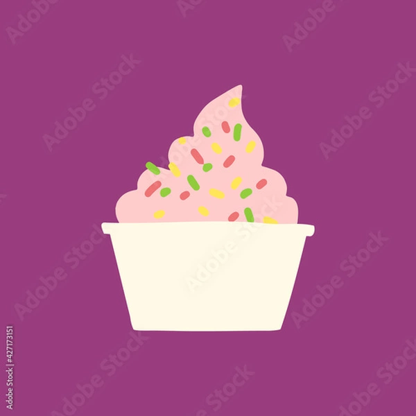 Fototapeta Hand drawn illustration of paper cup with strawberry, raspberry soft serve ice cream or gelato or frozen yogurt in pink color with sprinkles. Isolated on white background.