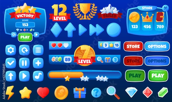 Fototapeta Mobile app, game interface buttons, various icons, colorful set graphic interface elements, cartoon style, vector illustration.