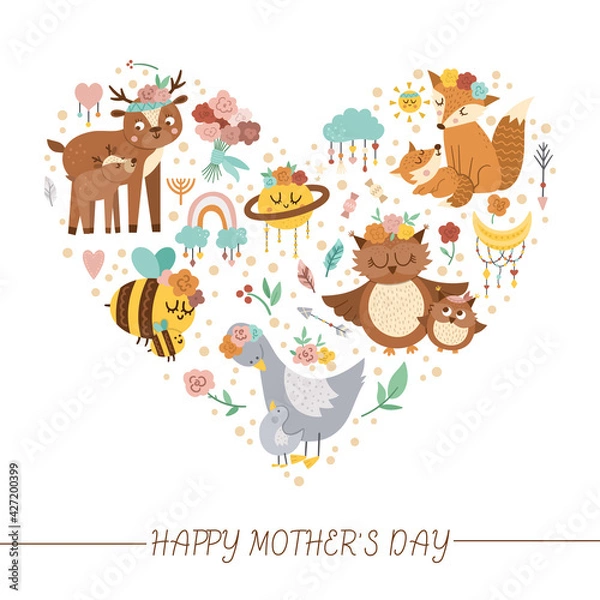 Fototapeta Vector heart shaped frame with Mothers day elements. Family love concept. Design for banners, posters, invitations. Cute boho style holiday card template with forest animals, birds, flowers..