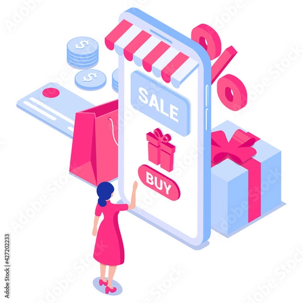 Fototapeta Online shopping concept. Girl in front of smartphone screen with gift box, credit card, coins, bag.For web banners, infographics. Flat isometric vector illustration isolated on white background.