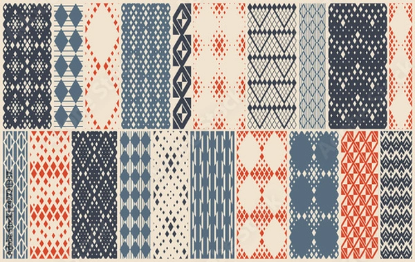 Fototapeta Rhomb seamless geometric vector pattern set, rhombus simple black and white wallpaper background, ethnic folk embroidery or carpet style image collection.