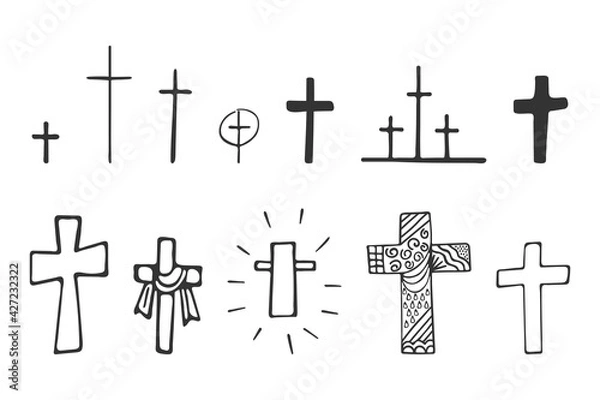 Fototapeta Set of hand-drawn Christian crosses isolated on white background. Religion and Christianity. Christian symbols. Vector illustration