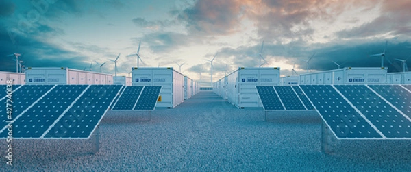 Fototapeta Battery storage power station 
accompanied by solar and wind  turbine power plants. 3d rendering.