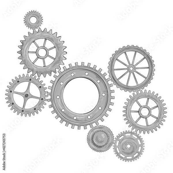 Fototapeta Vector illustration of a gear. Grey round gear elements of the mechanism. Group silver isolated details.
