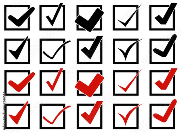 Fototapeta Collection of different check mark icons in boxes isolated on white