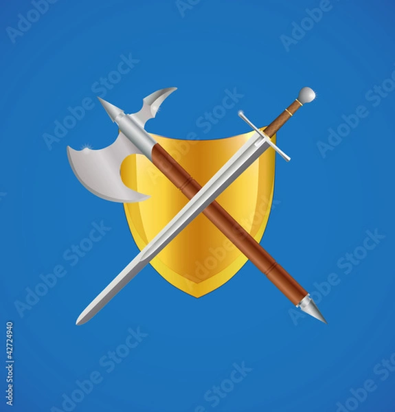 Obraz Shield, sword and axe crossed