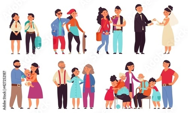 Fototapeta Family stages. Cartoon men play with children, steps of couple to marriage. Different generation characters, happy husband and wife decent vector set