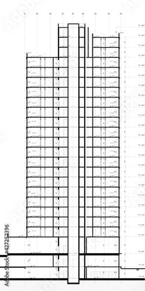 Fototapeta Architectural cross section illustration of a high rise condominium.  Black and white drawing with dimensions and floor levels. 