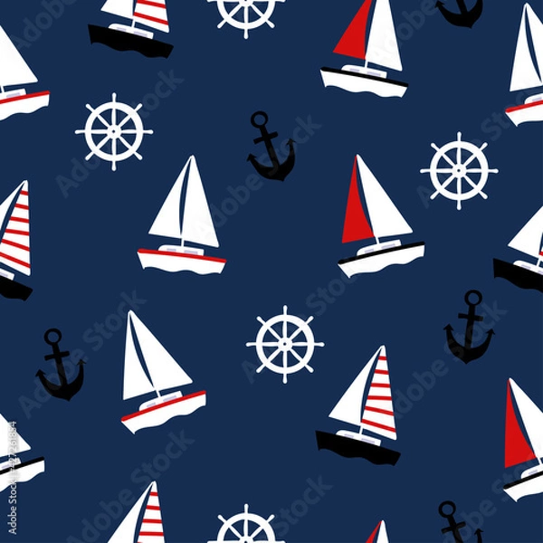 Fototapeta Colorful seamless pattern with sailboat, anchor and steering wheel.