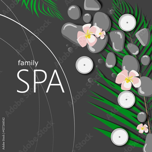 Fototapeta concept of spa procedure. Palm tree leaf, candles and tropical flowers