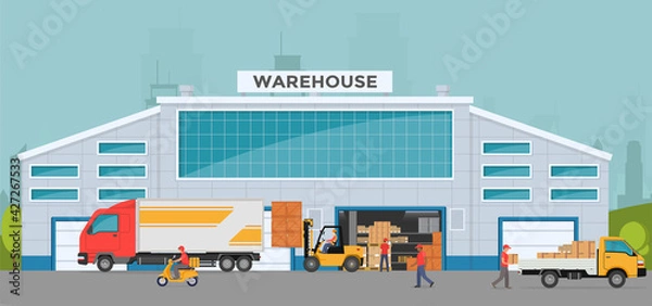 Fototapeta Warehouse out side. Big warehouse and transportation beside. Boxes on pallet shelves people loaders working of warehouse