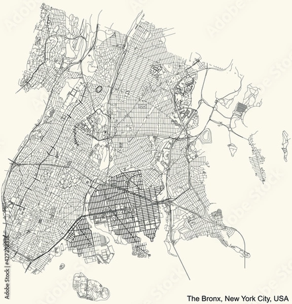 Fototapeta Black simple detailed street roads map on vintage beige background of the quarter Bronx borough of New York City, USA