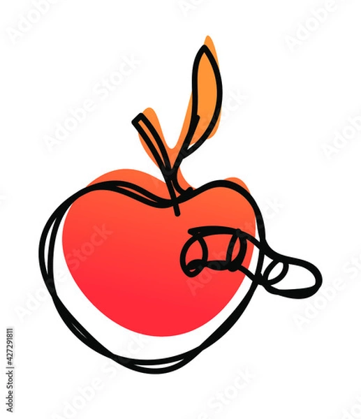 Fototapeta Vector illustration of apple with worm in one line endless style. Red and orange abstract spot background. Can be applied as a sticker, icon, logo.