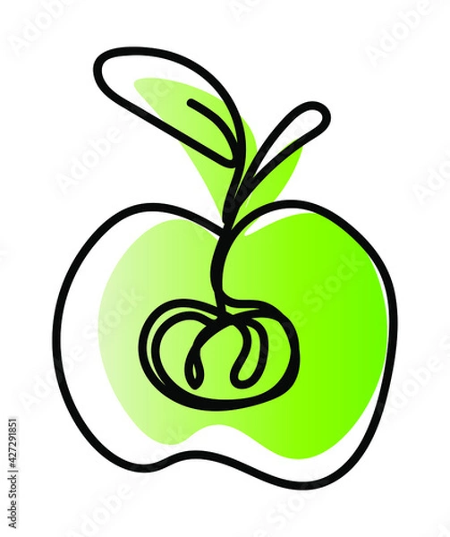Fototapeta Vector illustration of apple in one line endless style. Green and light green abstract spot background. Can be applied as a sticker, icon, logo.