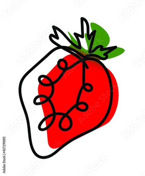 Fototapeta Vector illustration of strawberry in one line endless style. Green and red abstract spot background. Can be applied as a sticker, icon, logo.