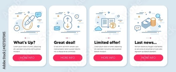 Fototapeta Set of Business icons, such as Eye drops, Help, Scroll down symbols. Mobile screen banners. Savings line icons. Pipette, Documentation, Swipe arrow. Finance currency. Eye drops icons. Vector