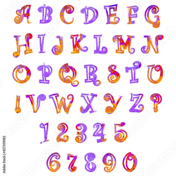 Fototapeta Raster set: capital letters of the Latin alphabet, exclamation, question marks and numbers: 1, 2, 3, 4, 5, 6, 7, 8, 9, 0. Multicolored isolated elements with watercolor fill on a white background.